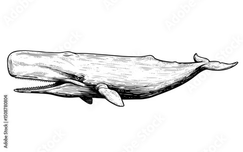 sperm whale engraving intricate vintage vector line art illustration isolated on transparent background