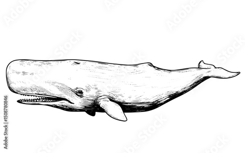 sperm whale engraving intricate vintage vector line art illustration isolated on transparent background