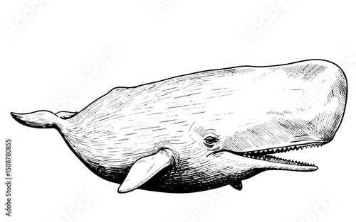 sperm whale engraving intricate vintage vector line art illustration isolated on transparent background
