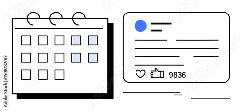 Calendar with highlighted dates alongside a social media post with thumbs ups and comments. Ideal for planning, social campaigns, content creation, time management, digital engagement, social