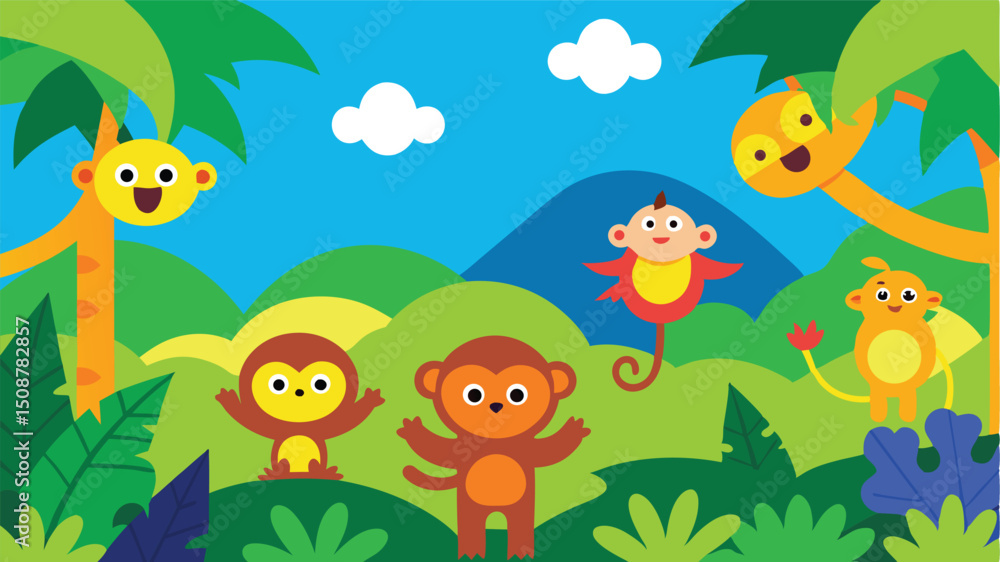 Fototapeta premium cute cartoon forest with smiling trees and mushrooms