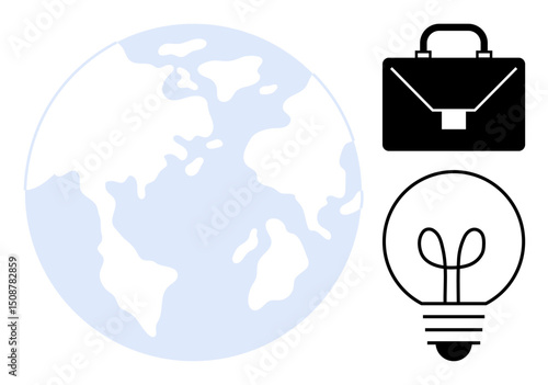 Earth representing global connectivity, briefcase symbolizing business, and light bulb denoting innovation. Ideal for entrepreneurship, sustainability, creativity, strategy, globalization