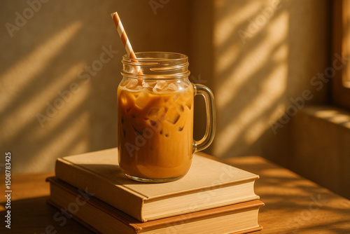 A mason jar of iced coffee with a striped straw rests on stacked books, bathed in warm golden sunlight through a softly lit window.