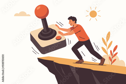 Man breaking free from gaming addiction pushing oversized joystick controller off cliff digital detox overcoming technology dependency vector illustration