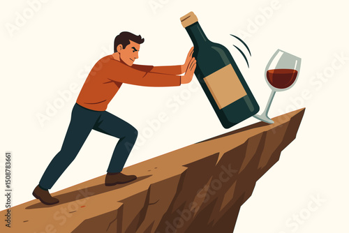 Man pushing away wine bottle showing willpower and addiction recovery, alcohol resistance concept vector illustration for sobriety and healthy lifestyle