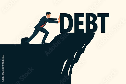 Businessman pushing against debt burden financial struggle concept. Man in suit overcoming financial crisis money problems economic pressure metaphor vector