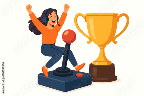 Female gamer celebrating victory with trophy. Woman streamer triumph esports competition. Gaming headset microphone. Winner achievement celebration success. Professional player champion