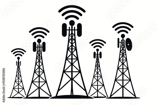 Telecommunication cell tower wireless signal transmission network. Radio mast antenna broadcasting connectivity. Mobile internet 5G 4G technology infrastructure vector silhouette illustration