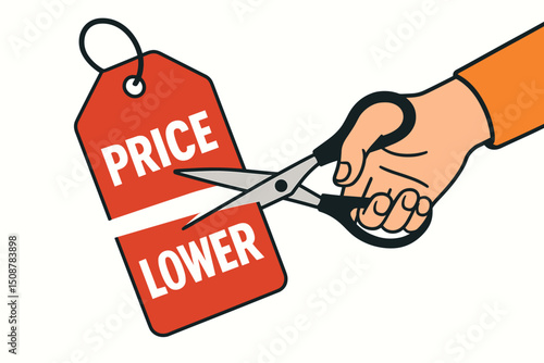 Scissors cutting price tag hand discount sale concept. Cost reduction business metaphor lower prices. Retail promotion marketing deal offer bargain shopping clearance
