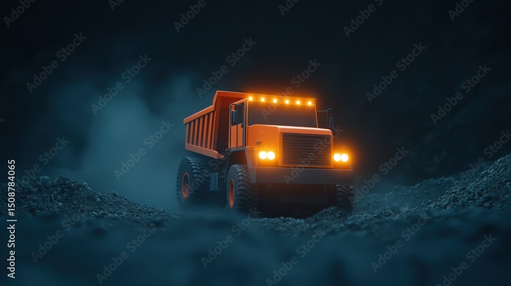 A vibrant orange dump truck navigates through a rugged landscape, its headlights cutting through the mist A vibrant orange dump truck navigates through a rugged landscape, its headlights cutting through the mist