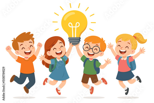 Happy diverse children kids jumping together with bright glowing lightbulb idea creativity teamwork brainstorming innovation education collaboration eureka moment