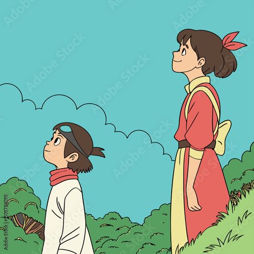 Two anime girls walking in nature daydream