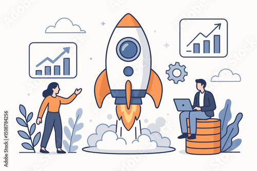 Business startup rocket launch metaphor. Entrepreneurship team growth success concept. Innovation spaceship takeoff. Technology development analytics charts graphs. Teamwork.