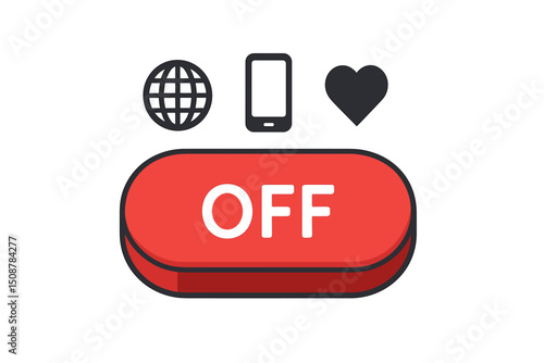 Digital detox red OFF button concept disconnect technology internet social media break mental health wellness mindfulness device free lifestyle balance modern minimalist vector