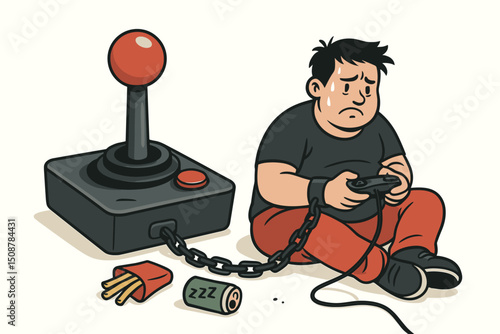 Gaming addiction concept. Exhausted chained gamer holding controller. Video game dependency disorder. Digital addiction mental health metaphor. Gaming chains unhealthy lifestyle