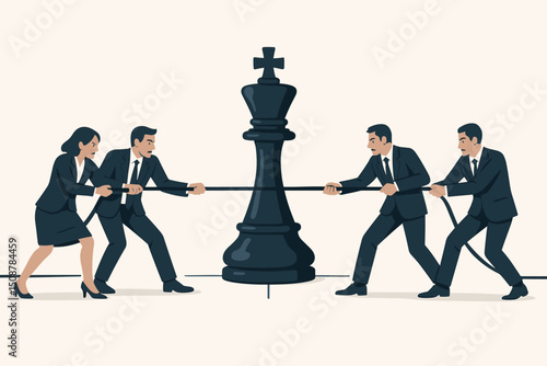 Corporate tug of war competition concept. Business professional teams pulling rope around chess king piece. Leadership power struggle rivalry battle strategic conflict vector illustration