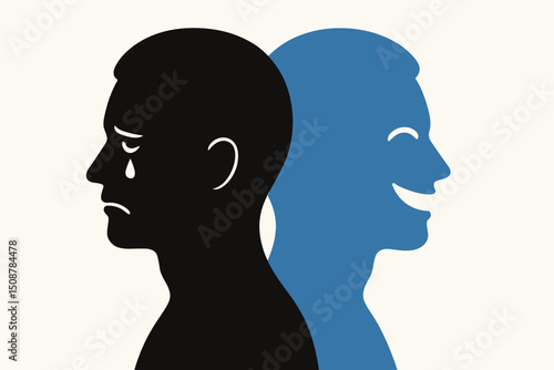 Dual personality split mind concept. Bipolar disorder mental health psychology. Two face silhouette profile sad happy emotions. Double head mood disorder metaphor vector