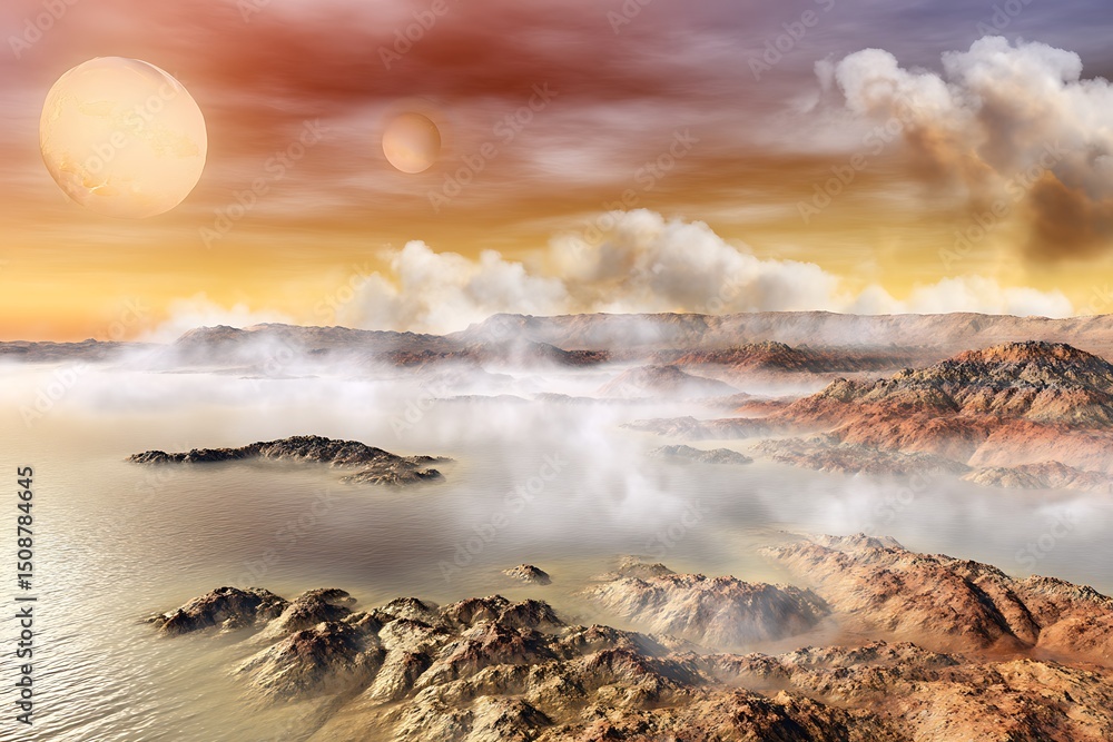 Obraz premium Alien landscape with water and planets