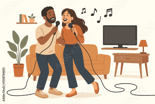 Happy couple singing karaoke duet at home. Man woman holding microphones entertainment living room. Musical fun leisure activity. Romantic date night singing together home karaoke party
