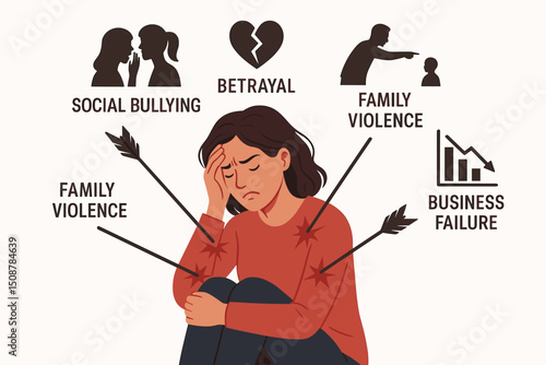 Overwhelmed stressed woman mental health depression anxiety concept. Multiple problems social bullying betrayal family violence pressure. Female emotional psychological distress trauma