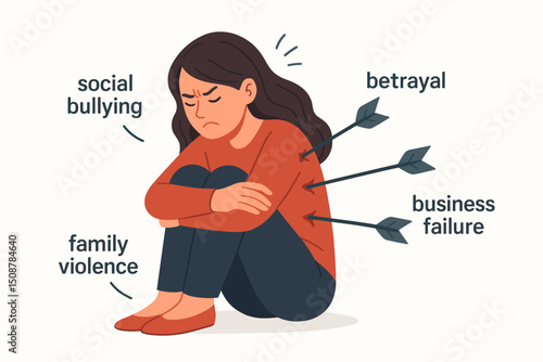 Mental health crisis woman suffering depression anxiety from social bullying betrayal business failure family violence. Multiple life pressures emotional pain concept
