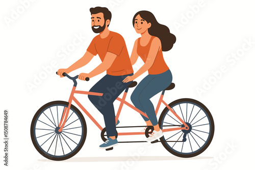 Happy couple riding tandem bicycle together. Man woman teamwork partnership romance. Vector illustration cycling recreation leisure activity exercise. Bike ride two people smiling