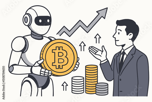 AI robot trading bot holding golden bitcoin cryptocurrency coin with businessman investor. Automated digital currency investment growth chart. Fintech artificial intelligence finance concept