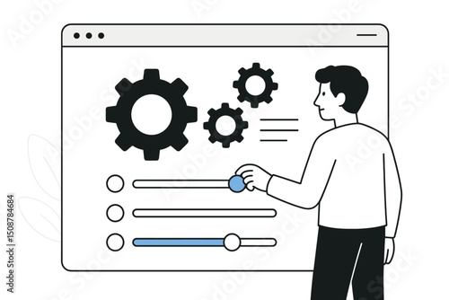 User customizing system settings dashboard interface. Person adjusting configuration sliders controls. Web browser software preferences management. Technology control panel optimization setup.