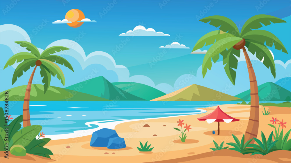 Fototapeta premium Tropical beach scene with palm trees and umbrella
