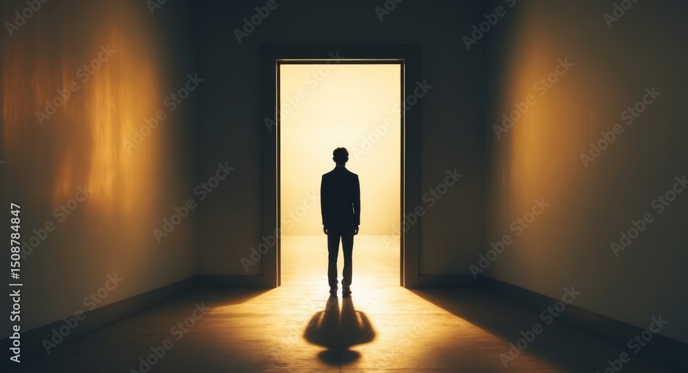 Obraz premium Silhouette of a Man Standing in a Bright Doorway, Contemplating Future Possibilities.