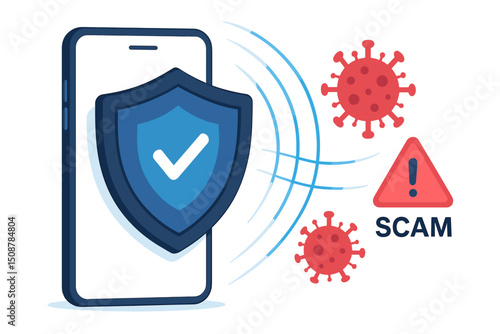 Mobile phone security shield antivirus protection against virus malware scam cyber threats. Smartphone cybersecurity defense concept warning alert digital safety attack prevention technology