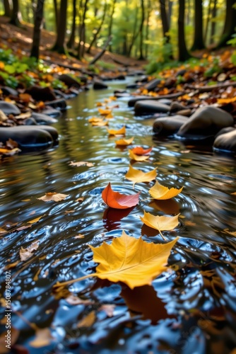 floating leaves drifting along slow moving forest stream, gentle metaphor of letting go
