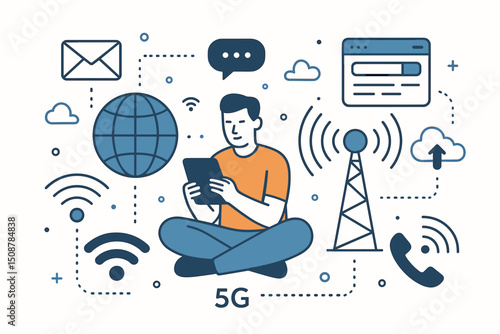 5G wireless connectivity internet communication concept. Person using tablet device surrounded by network icons. Mobile technology infrastructure digital connection symbols telecommunication