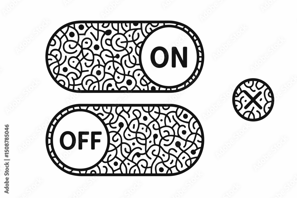 Fototapeta premium Toggle switch on off button control interface. Binary choice element decorative pattern design. Monochrome abstract ornamental UI settings activation vector art illustration.