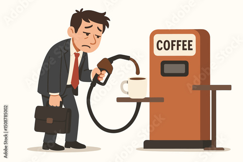 Exhausted businessman refueling tired body with coffee from gas pump dispenser machine. Caffeine addiction energy boost concept. Corporate stress metaphor office worker morning routine