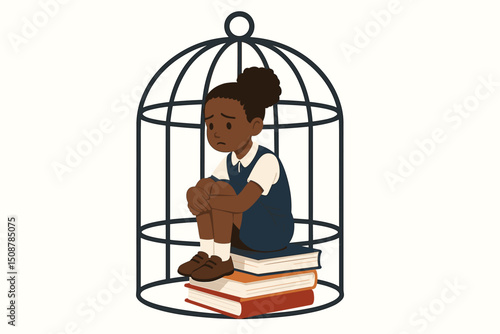 Education barriers metaphor. Trapped child in cage with books. Academic confinement concept. Student limitation. School restrictions. Learning obstacles. Knowledge imprisonment illustration