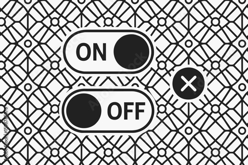 Toggle switch ON OFF button interface control panel. User interface element design. Settings control switch. App mobile web design UI. Monochrome black white pattern background