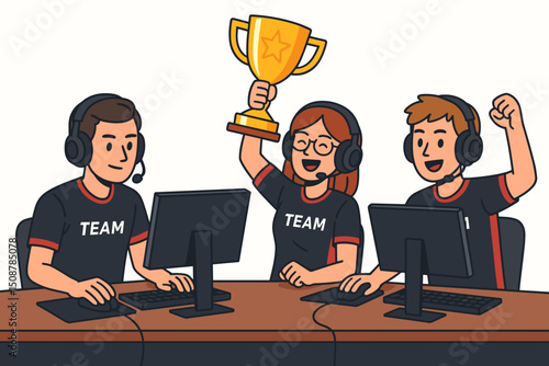 Esports team victory celebration gaming tournament champions holding golden trophy computer setup professional gamers headset microphone competition winning cyber sports