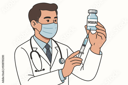 Doctor physician preparing insulin injection syringe diabetes treatment. Medical professional masked healthcare worker medicine therapy. Diabetic care concept vector illustration