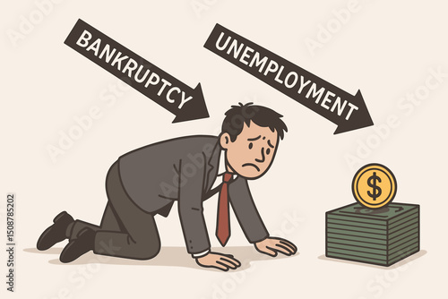Desperate businessman crawling towards money pile. Financial crisis bankruptcy unemployment concept. Economic hardship struggle. Business failure debt poverty illustration vector