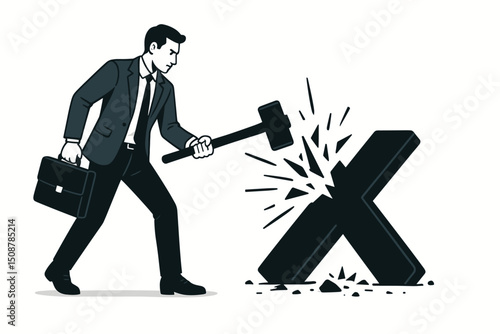 Businessman breaking barriers hammer. Overcome obstacles concept. Success achievement breakthrough solution. Problem solving determination leadership. Destroy challenges vector illustration