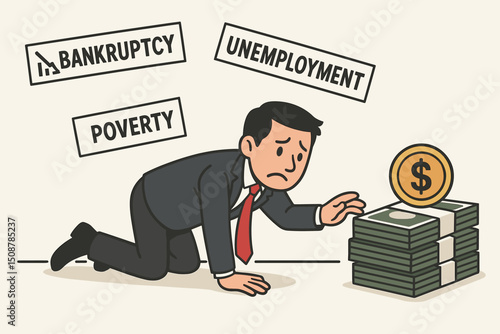 Desperate businessman crawling for money. Financial crisis bankruptcy unemployment poverty concept. Economic hardship business failure. Corporate debt stress recession struggle cash shortage
