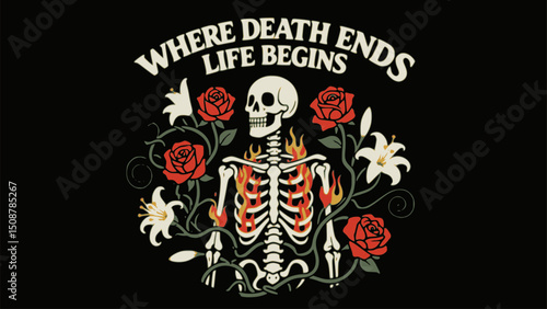 vector of traditional skeleton standing in roses, ribcage blooming with fire and lilies, echoing powerful life after death