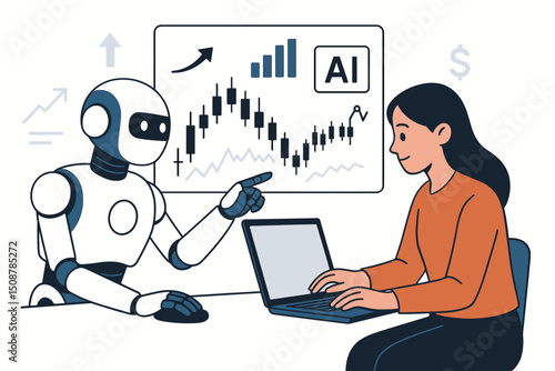 AI robot trading assistant analyzing financial data charts graphs. Artificial intelligence technology helping human trader woman with stock market investment analysis business concept