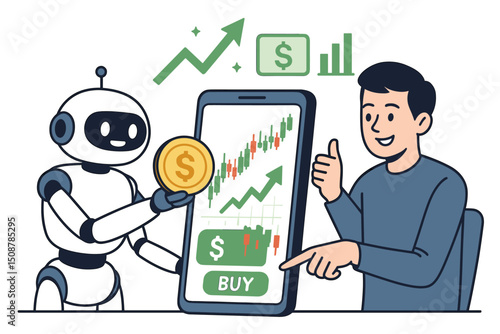 AI robot automated stock market trading mobile app concept. Algorithmic investment technology financial analysis charts. Robo advisor cryptocurrency profit success digital finance bot rich earn
