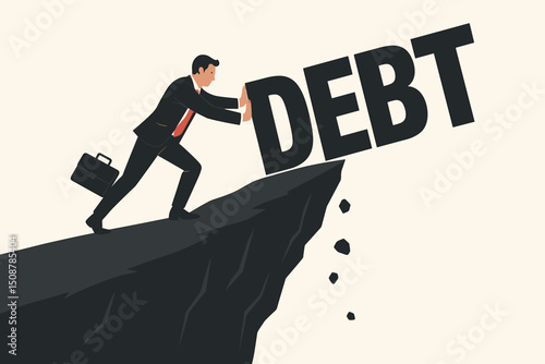 Business debt burden metaphor cliff edge. Businessman pushing debt word precipice crisis. Financial struggle overcome challenge. Corporate economic difficulty pressure concept vector