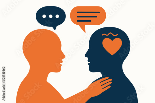 Empathy communication concept silhouettes. Emotional support therapy dialogue. Heart mind psychology counseling. Two people talking listening conversation. Mental health care compassion