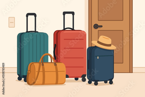 Travel luggage suitcases packed ready vacation holiday trip departure journey. Colorful rolling wheeled baggage collection set with sun hat leather bag tourism summer preparation