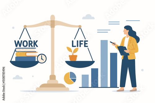 Work life balance concept. Business woman professional scale metaphor. Career lifestyle priority equilibrium. HR wellness productivity management. Vector illustration flat design