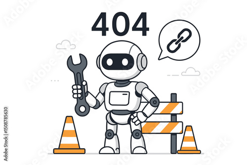 404 error page not found robot mechanic repair broken link maintenance. Website under construction chatbot assistant android holding wrench tool fixing web server. Vector illustration